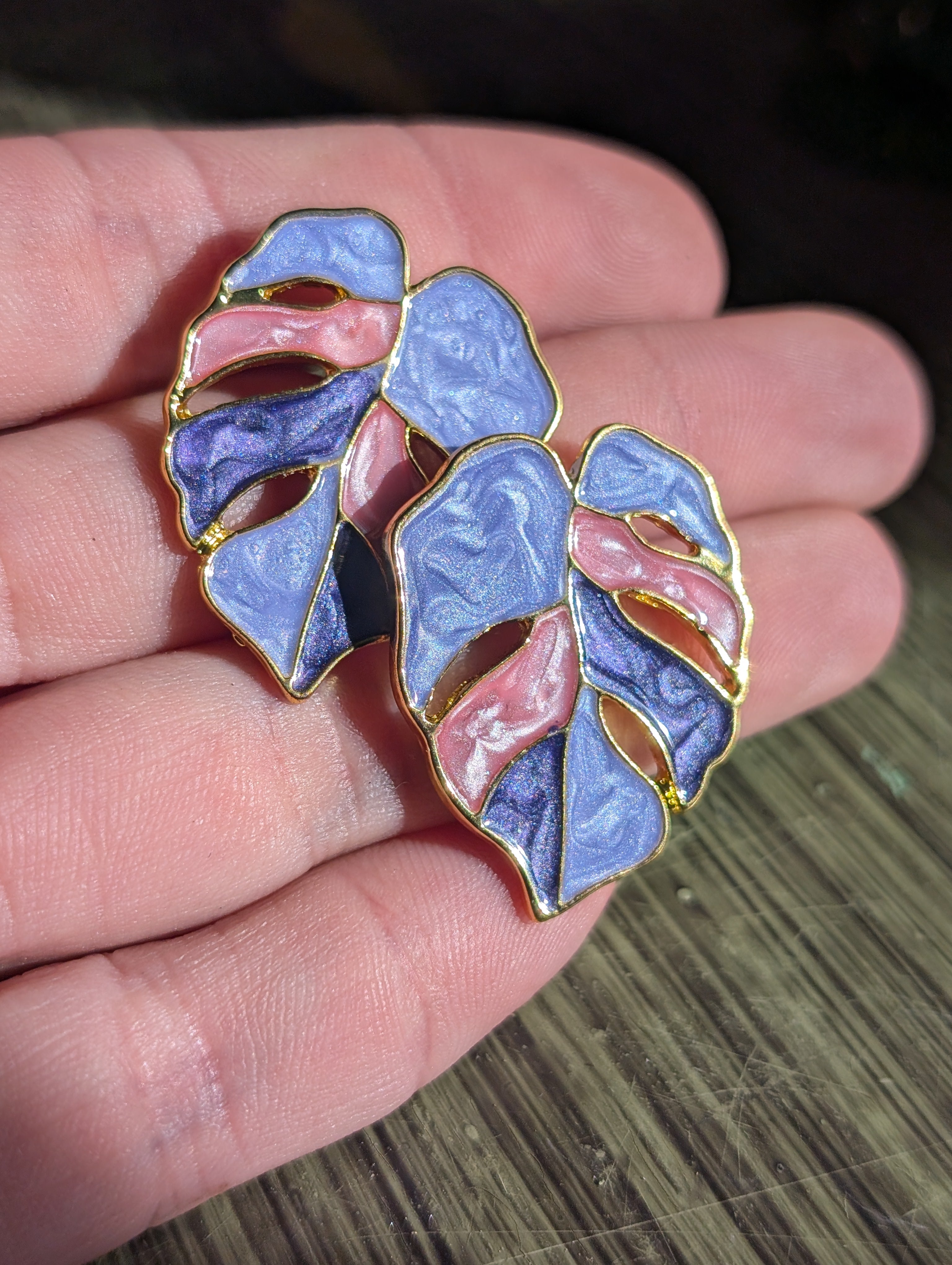 Sparkly Purple & Pink with Gold Trim Monstera Leaf Earrings image 5