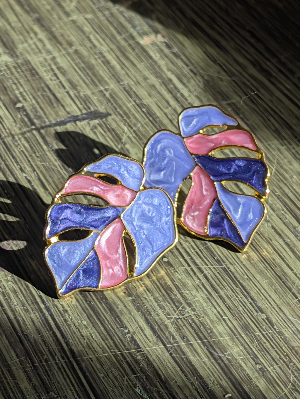 Sparkly Purple & Pink with Gold Trim Monstera Leaf Earrings image 0