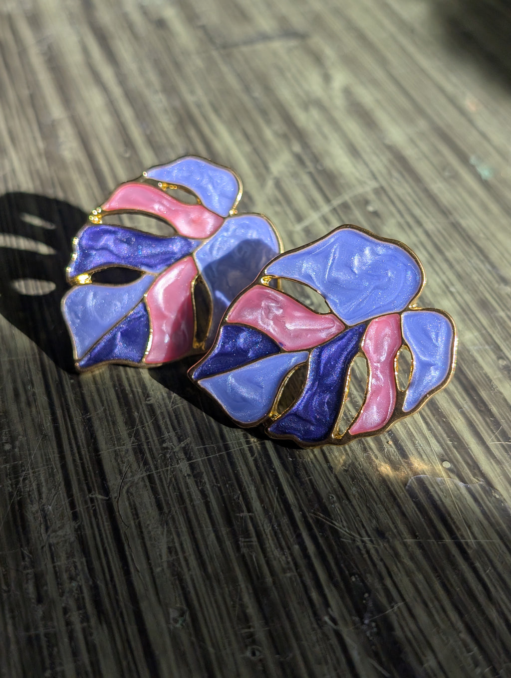 Sparkly Purple & Pink with Gold Trim Monstera Leaf Earrings image 6