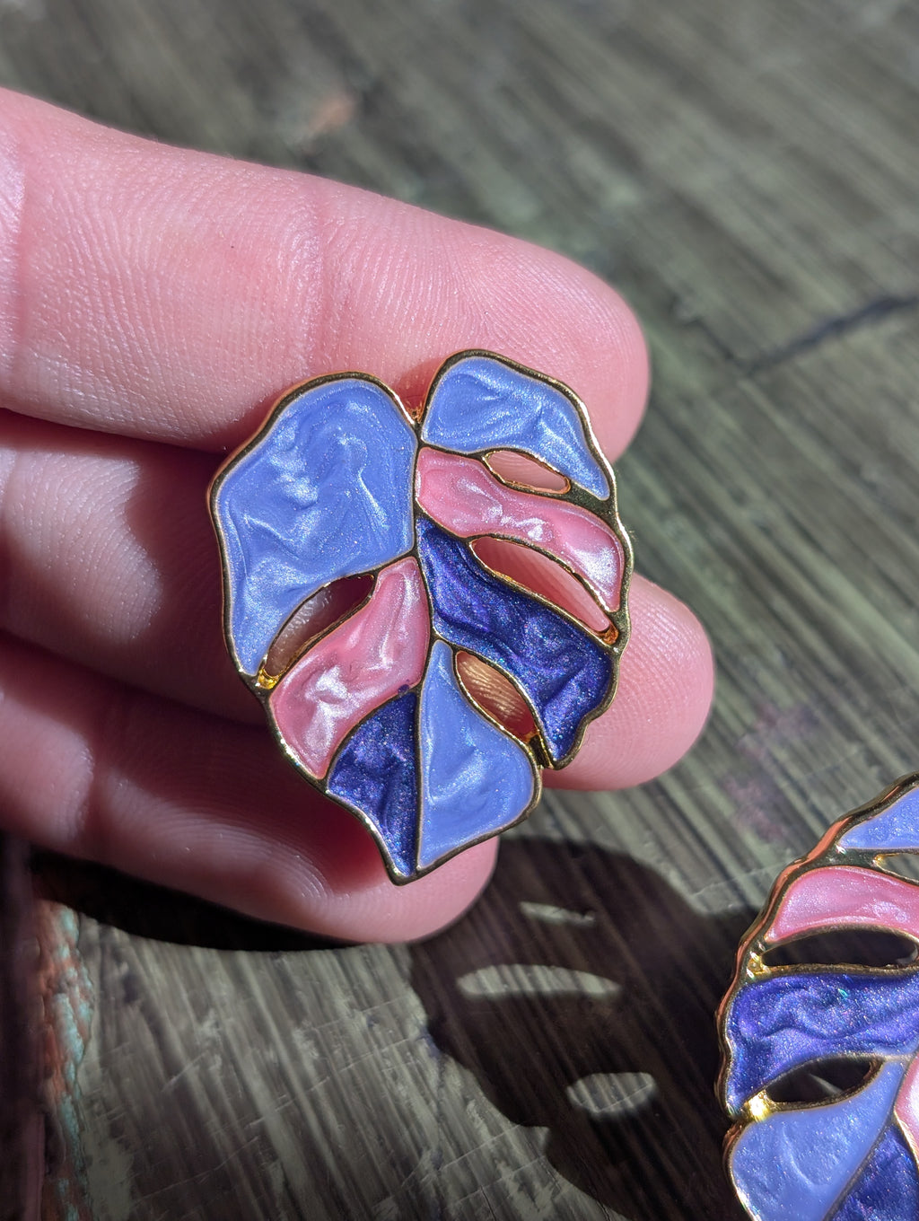 Sparkly Purple & Pink with Gold Trim Monstera Leaf Earrings image 4