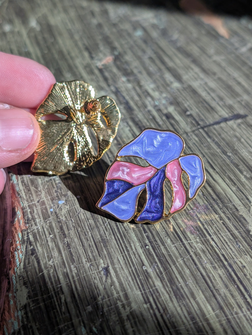 Sparkly Purple & Pink with Gold Trim Monstera Leaf Earrings image 2