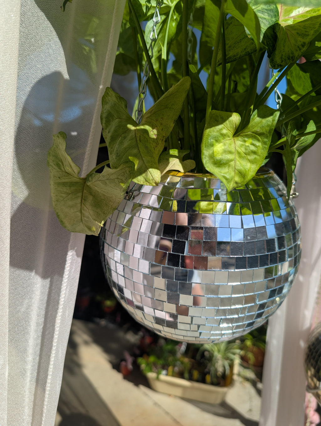 8" Disco mirrored silver hanging planter