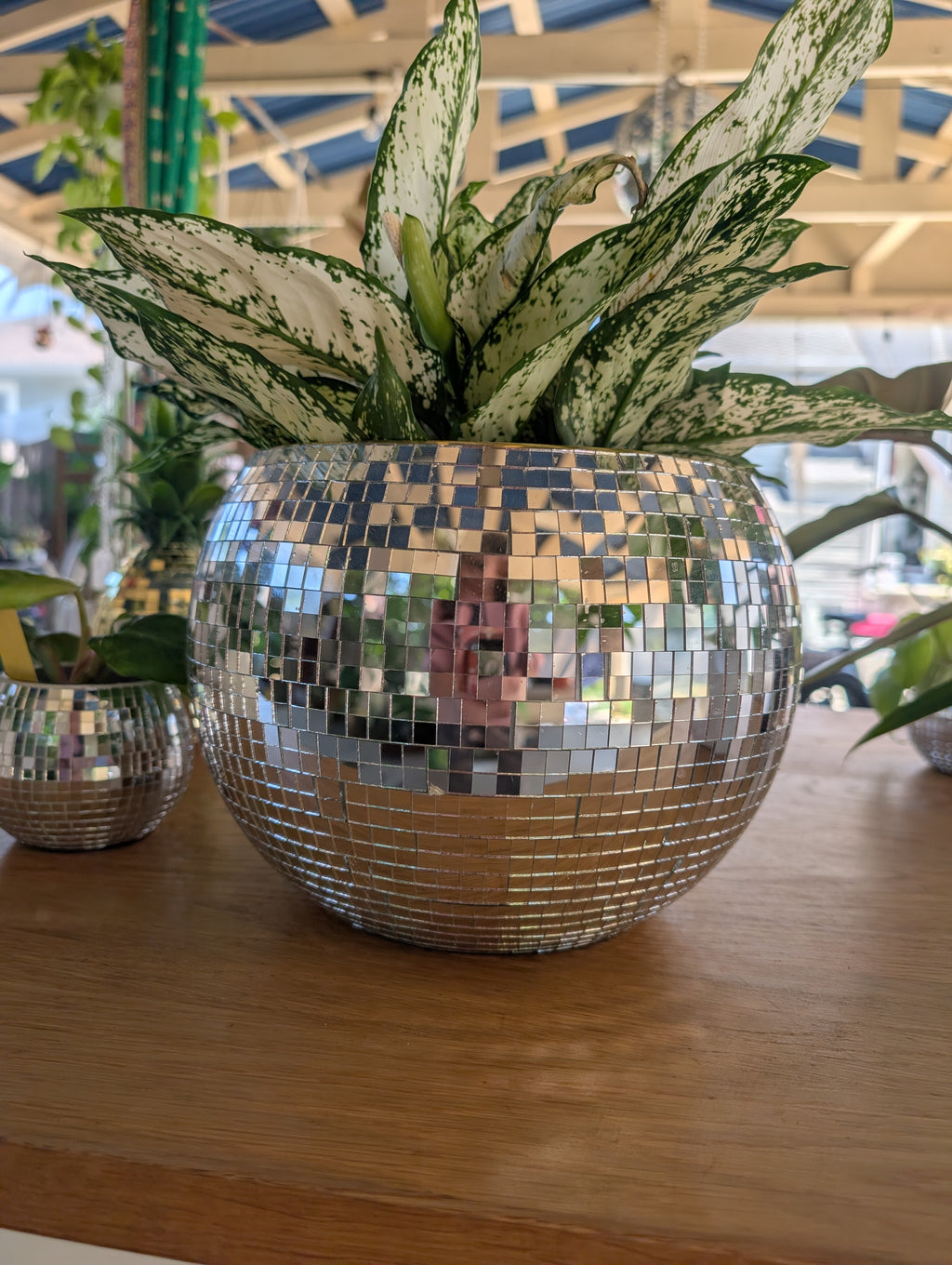 10" Disco mirrored silver ball planter