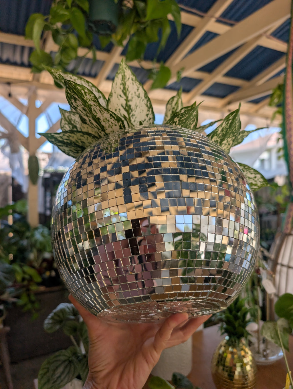 10" Disco mirrored silver ball planter