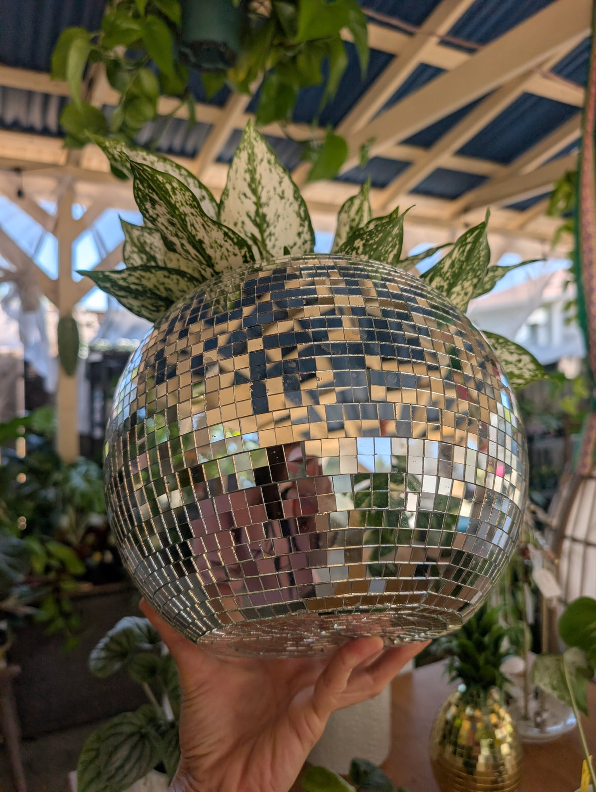 10" Disco mirrored silver ball planter