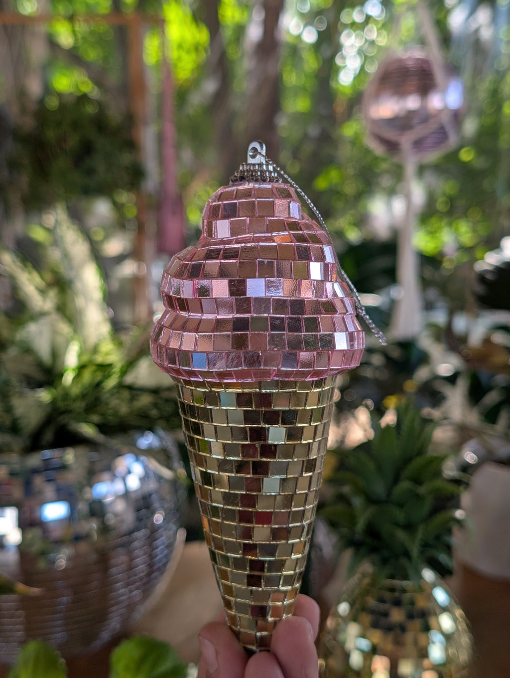 3" Disco mirrored pink and gold ice cream cone ornament