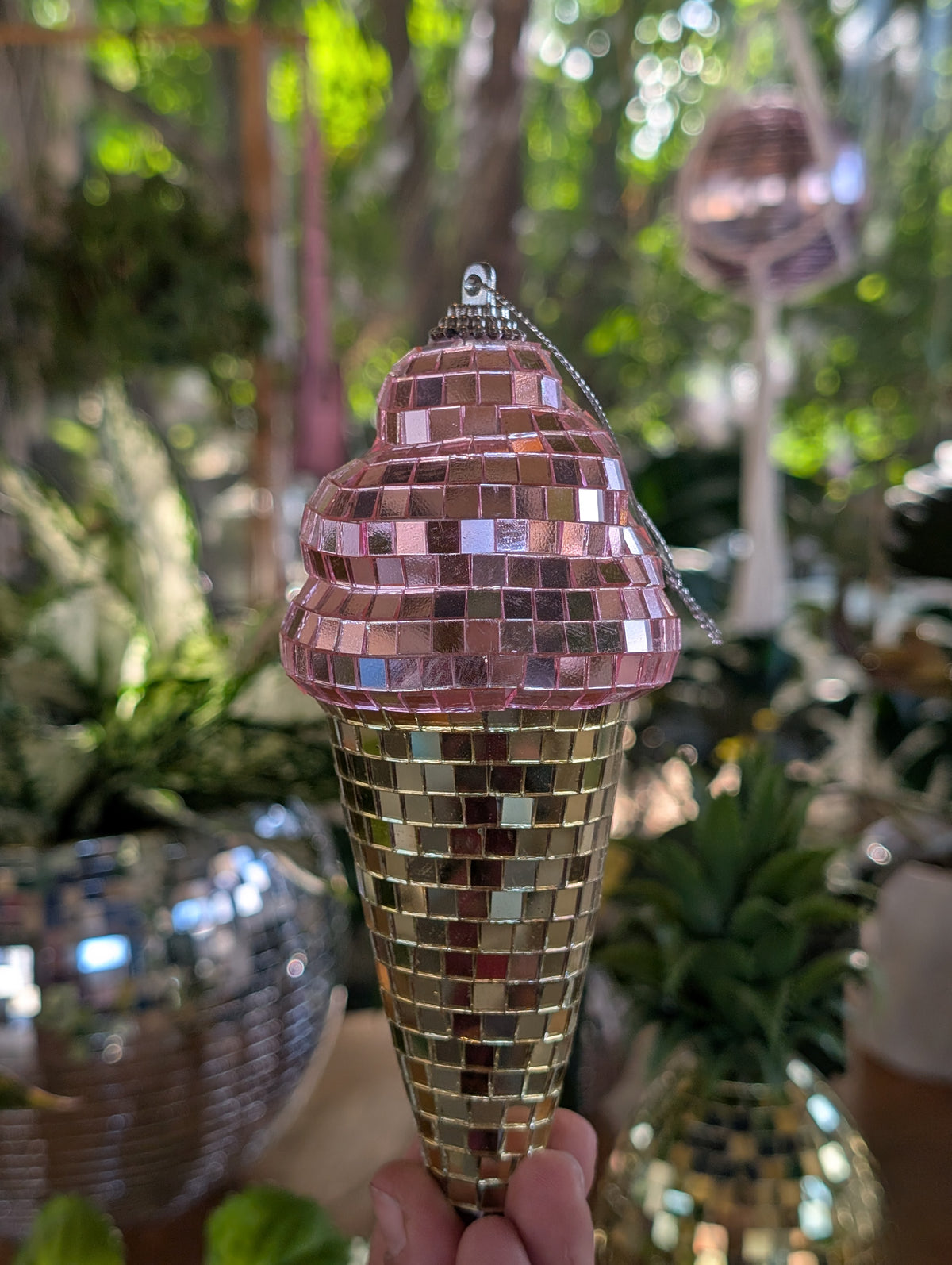 3" Disco mirrored pink and gold ice cream cone ornament