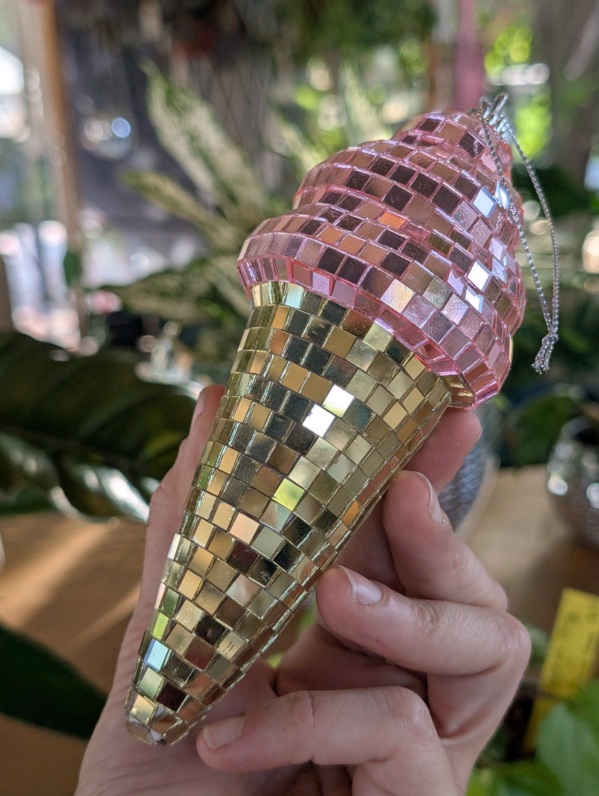 3" Disco mirrored pink and gold ice cream cone ornament
