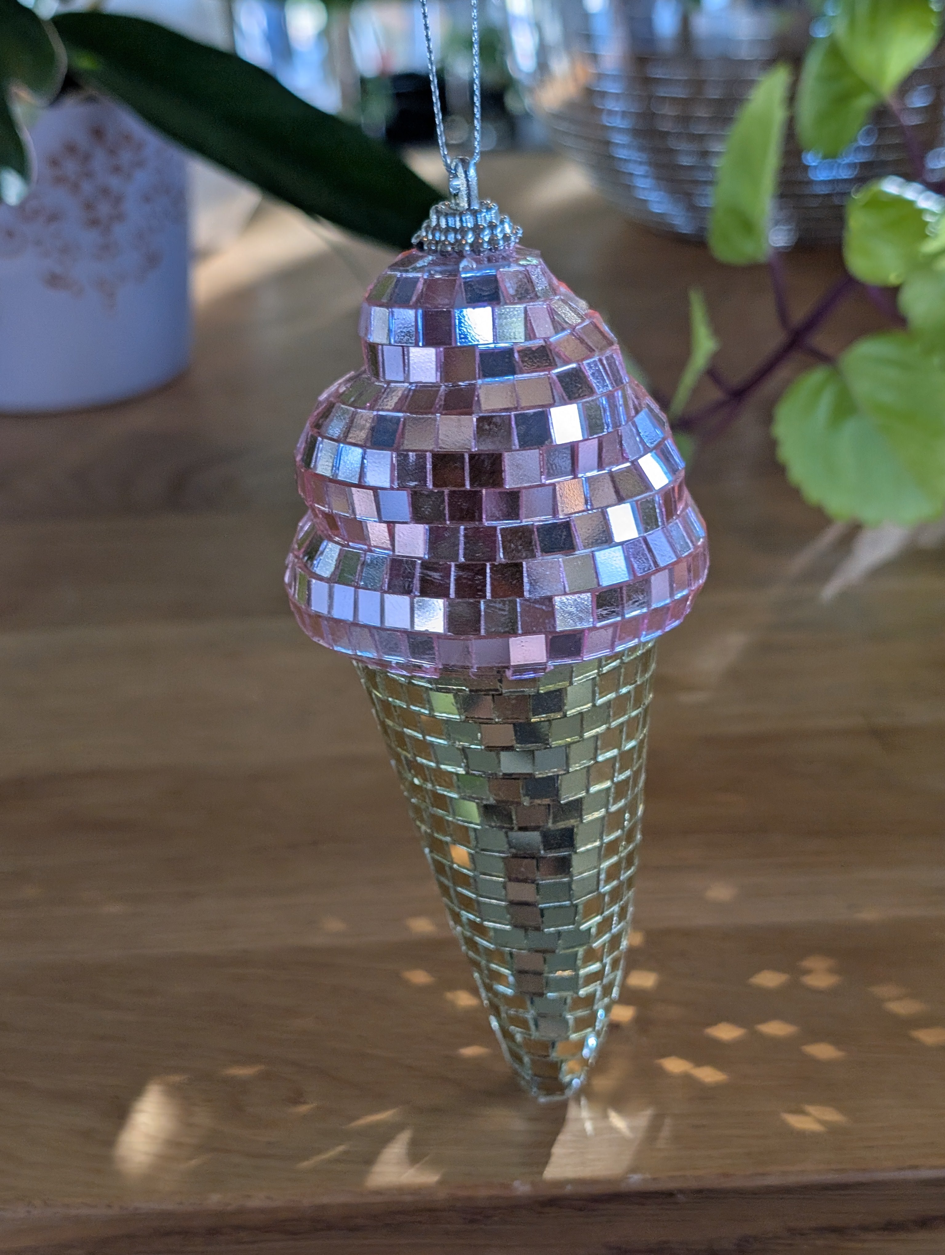 3" Disco mirrored pink and gold ice cream cone ornament