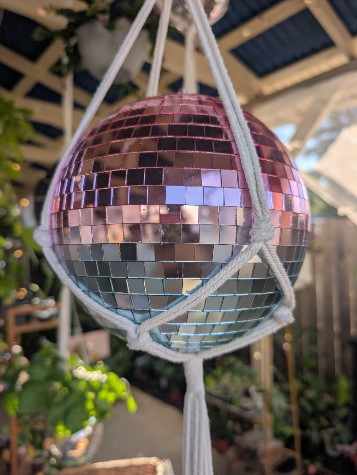 8" Disco mirrored gradient ball with macrame