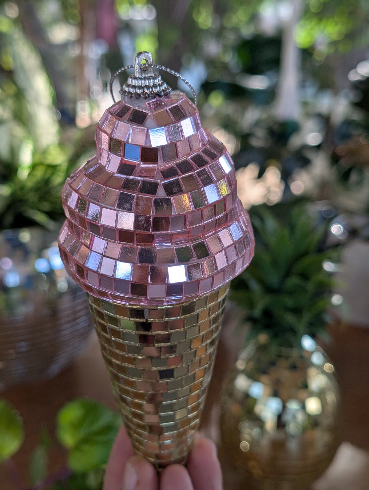 3" Disco mirrored pink and gold ice cream cone ornament