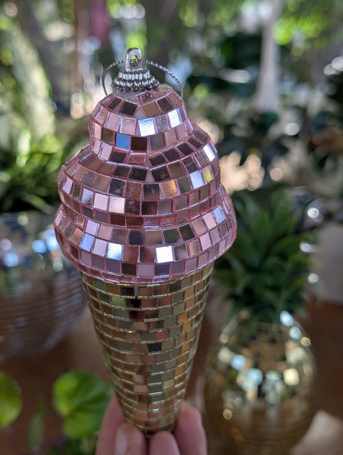 3" Disco mirrored pink and gold ice cream cone ornament